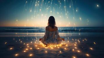 donne meditare, yoga. psichico donne considera mente e cuore. spiritualità, esoterismo, con bokeh sfocato luci. universo, generativo ai illustrazione foto