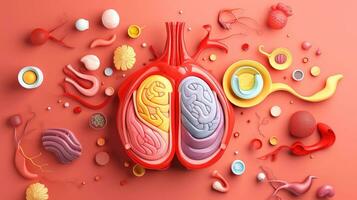 3d illustrazione di il umano organo sistemi, umano interno organi. anatomia. nervoso, circolatorio, digestivo, escretore, urinario e osso sistemi. medico formazione scolastica concetto, generativo ai illustrazione foto