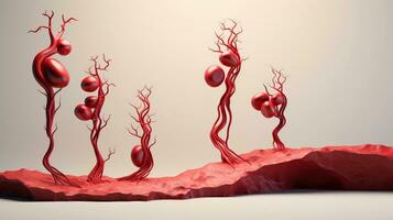 3d illustrazione modello di il umano organo sistemi, circolatorio, digestivo, rosso e bianca cellule del sangue con sfocato sfondo. medico formazione scolastica concetto, generativo ai illustrazione foto