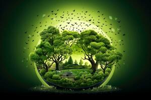 ecosistema restauro, ambiente giorno concetto albero sfondo. riciclare icona carta tagliare bandiera con foresta. ecologia progetto concetto, generativo ai illustrazione foto