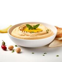 foto di hummus su piatto isolato su bianca sfondo. creato di generativo ai