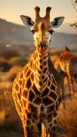 vicino su foto di giraffa su savana a tramonto. generativo ai