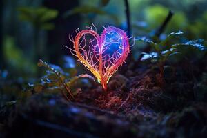 raggiante bioluminescente pianta sagomato piace un' umano cuore, nel un' misterioso foresta. generativo ai foto