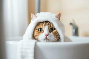il gatto è bagnarsi nel il bagno. generativo ai tecnologia. foto