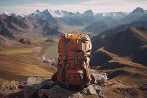 escursioni a piedi zaino su il sfondo di montagne. generativo ai tecnologia. foto