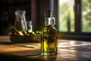 oliva olio su un' di legno tavolo. generativo ai tecnologia. foto