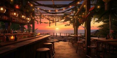 generativo ai, tropicale estate tramonto spiaggia bar sfondo. all'aperto ristorante, guidato leggero candele e di legno tavoli, sedie sotto bellissimo tramonto cielo, mare Visualizza. foto