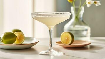 generativo ai, Margherita cocktail su il tavolo nel il bianca cucina con lime. alcolizzato bevanda foto