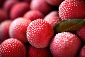 generativo ai, macro fresco succoso di lychee frutta sfondo. avvicinamento foto, estate Tailandia cibo. foto