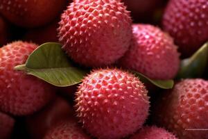 generativo ai, macro fresco succoso di lychee frutta sfondo. avvicinamento foto, estate Tailandia cibo. foto