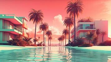 generativo ai, miami estate vibrazioni retrò illustrazione. Vintage ▾ rosa e blu colori, edifici, California palme, anni 80 stile foto