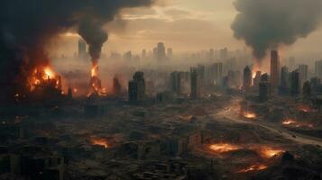 generativo ai, distruzione nel il città, bruciato cittadina strada con no vita, apocalittico scena foto
