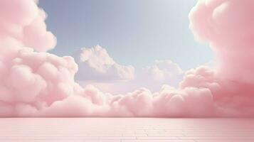 generativo ai, rosa magenta fantastico 3d nuvole su il pavimento, cielo e paesaggio. dolce colori e con luminosa luci. foto