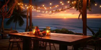 generativo ai, tropicale estate tramonto spiaggia bar sfondo. all'aperto ristorante, guidato leggero candele e di legno tavoli, sedie sotto bellissimo tramonto cielo, mare Visualizza. foto