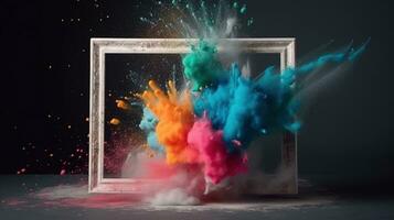 generativo ai, telaio con colorato holi polvere dipingere esplosione, creativo spruzzata, multicolore nube foto