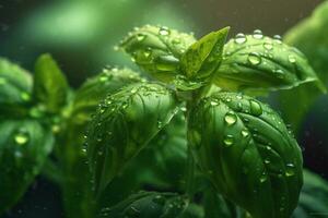 fresco dolce basilico le foglie con gocce di acqua. basilico pianta con verde le foglie su buio sfondo. fresco erbe aromatiche per cucinando, Usato nel cucine In tutto il mondo. ocimum basilico. Salute mangiare foto