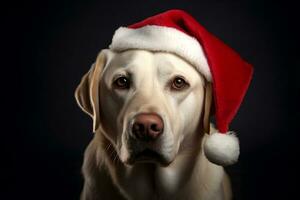 allegro Marrone labrador nel Santa cappello contro nero sfondo. allegro Natale e contento nuovo anno. vicino su. generativo ai foto