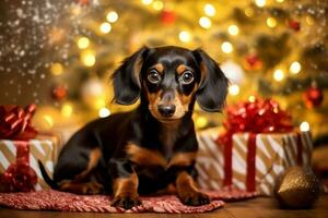 cane vicino Natale albero a casa. allegro bassotto cucciolo in posa contro Natale sfondo. generativo ai. foto