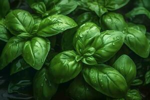 fresco dolce basilico le foglie con gocce di acqua. basilico pianta con verde le foglie su buio sfondo. fresco erbe aromatiche per cucinando, Usato nel cucine In tutto il mondo. ocimum basilico. Salute mangiare foto