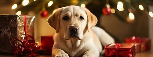 allegro cane si siede contro Natale sfondo. il labrador è in attesa per un' festivo celebrazione a home.banner. generativo ai foto