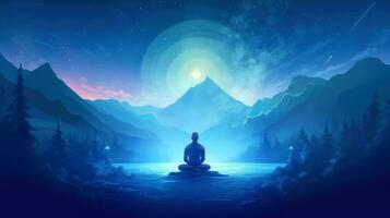 umano meditare, yoga. psichico umano considera mente e cuore. spiritualità, esoterismo, universo, cartone animato stile, generativo ai illustrazione foto