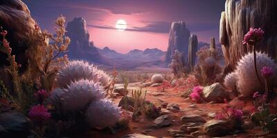 generativo ai, psichedelico e surreale scenario con cactus nel il deserto. paesaggio di il selvaggio ovest foto