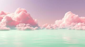 generativo ai, rosa e verde fantastico 3d nuvole su il pavimento, cielo e paesaggio. dolce colori e con luminosa luci. foto