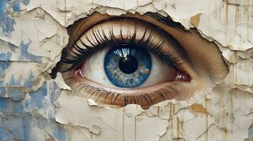 generativo ai, donna occhio guardare attraverso un' strappato buco nel Vintage ▾ carta, blu e beige colori murale. dipinto iperrealistico femmina arte. foto