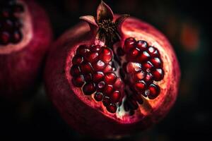 generativo ai, macro fresco succoso metà di Melograno frutta sfondo. avvicinamento foto