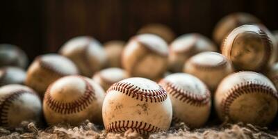 generativo ai, ruvido e aspro struttura di vecchio baseball palle vicino su su Vintage ▾ sfondo foto