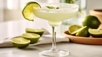 generativo ai, Margherita cocktail su il tavolo nel il bianca cucina con lime. alcolizzato bevanda foto