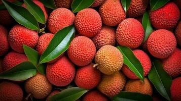 generativo ai, macro fresco succoso di lychee frutta sfondo. avvicinamento foto, estate Tailandia cibo. foto