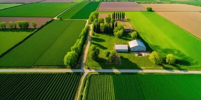 generativo ai, azienda agricola paesaggio, agricolo campi, bellissimo campagna, nazione strada. natura illustrazione, fotorealistico superiore Visualizza drone, orizzontale striscione. foto