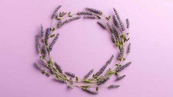 generativo ai, ghirlanda di lavanda rami fiori con copia spazio, naturale biologico floreale telaio viola sfondo foto