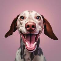 generativo ai, ritratto di un' contento cane guardare a il telecamera con bocca Aperto su rosa sfondo foto