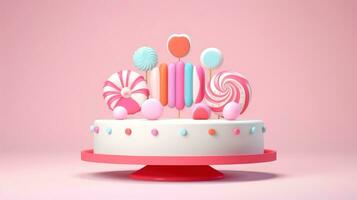 3d illustrazione di carino compleanno torta, dolce torta per un' sorpresa compleanno, per anniversario e celebrazione ,madre giorno, San Valentino giorno, dolce cibo, cupcake, generativo ai illustrazione foto