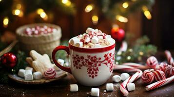 un sorprendente foto di buongustaio caldo cacao nel un' bellissimo Natale boccale