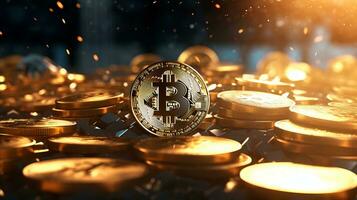 bitcoin monete su un' sfondo di raggiante brillante oggetti foto