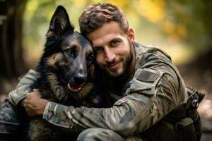 soldato riuniti con il suo cane foto con vuoto spazio per testo