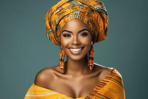 bellissimo africano donna sorridente nel tradizionale abbigliamento foto con vuoto spazio per testo