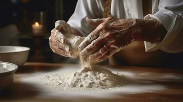 generativo ai, vecchio uomo mani di panettiere nel ristorante o casa cucina, prepara ecologicamente naturale pasticcini. foto