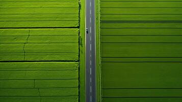 generativo ai, azienda agricola paesaggio, agricolo campi, bellissimo campagna, nazione strada. natura illustrazione, fotorealistico superiore Visualizza drone, orizzontale striscione. foto