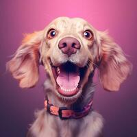 generativo ai, ritratto di un' contento cane guardare a il telecamera con bocca Aperto su rosa sfondo foto