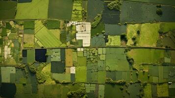 generativo ai, azienda agricola paesaggio, agricolo campi, bellissimo campagna, nazione strada. natura illustrazione, fotorealistico superiore Visualizza drone, orizzontale striscione. foto