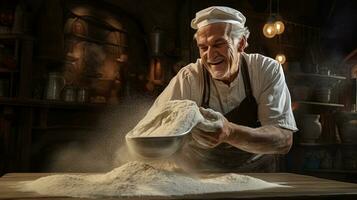 generativo ai, vecchio uomo mani di panettiere nel ristorante o casa cucina, prepara ecologicamente naturale pasticcini. foto