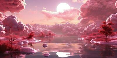 generativo ai, rosa magenta fantastico nuvole, cielo e paesaggio. dolce colori e con luminosa luci foto