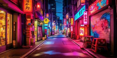generativo ai, notte scena di grande città nel cyberpunk stile, futuristico nostalgico anni 80, anni 90. neon luci vivace colori, fotorealistico orizzontale illustrazione. foto
