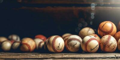 generativo ai, ruvido e aspro struttura di vecchio baseball palle vicino su su Vintage ▾ sfondo foto