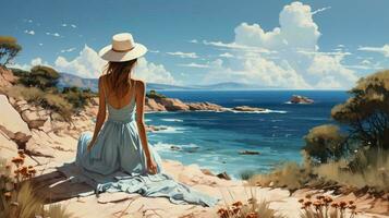 bellissimo donna nel occhiali da sole e un' cappello su un' soleggiato giorno su il spiaggia Visualizza a partire dal il Indietro. ai generato foto