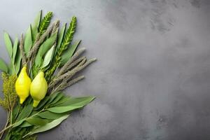 ebraico Festival di sukkot. tradizionale simboli etrog e lulava su grigio sfondo foto